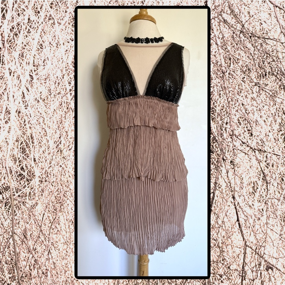 BCBG MAXAXARIA Nude tiered crinkle dress with black sequins & sheer top NEW!